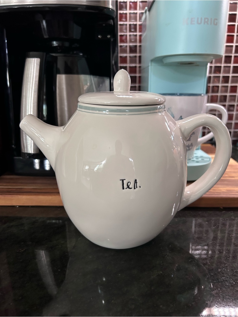 Rae Dunn Tea Pot White with Light blue etching